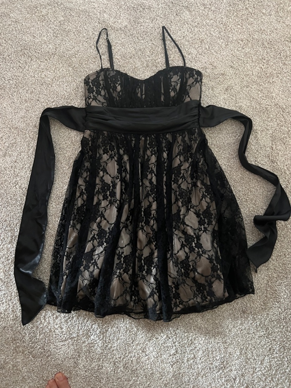 Speechless Black Lace Trim Strapless Dress with Nude Lining